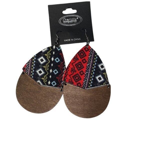 NWT Wooden Fabric Covered Boho Aztec Dangle Earrings Black Red Colorful - Picture 2 of 5